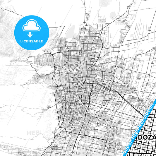 Mendoza, Argentina light map with streetnames, citynames and districts