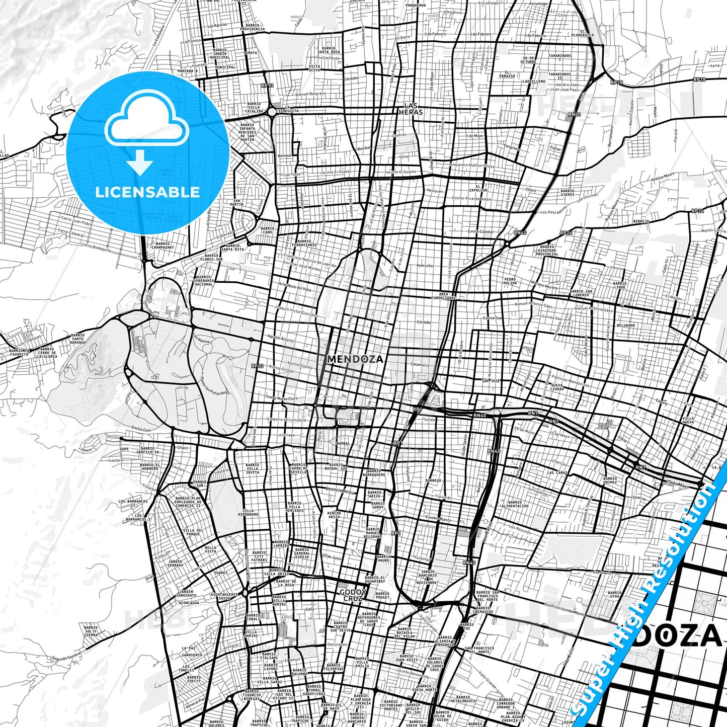 Mendoza, Argentina Light Map with Street Names, City Names, and Districts