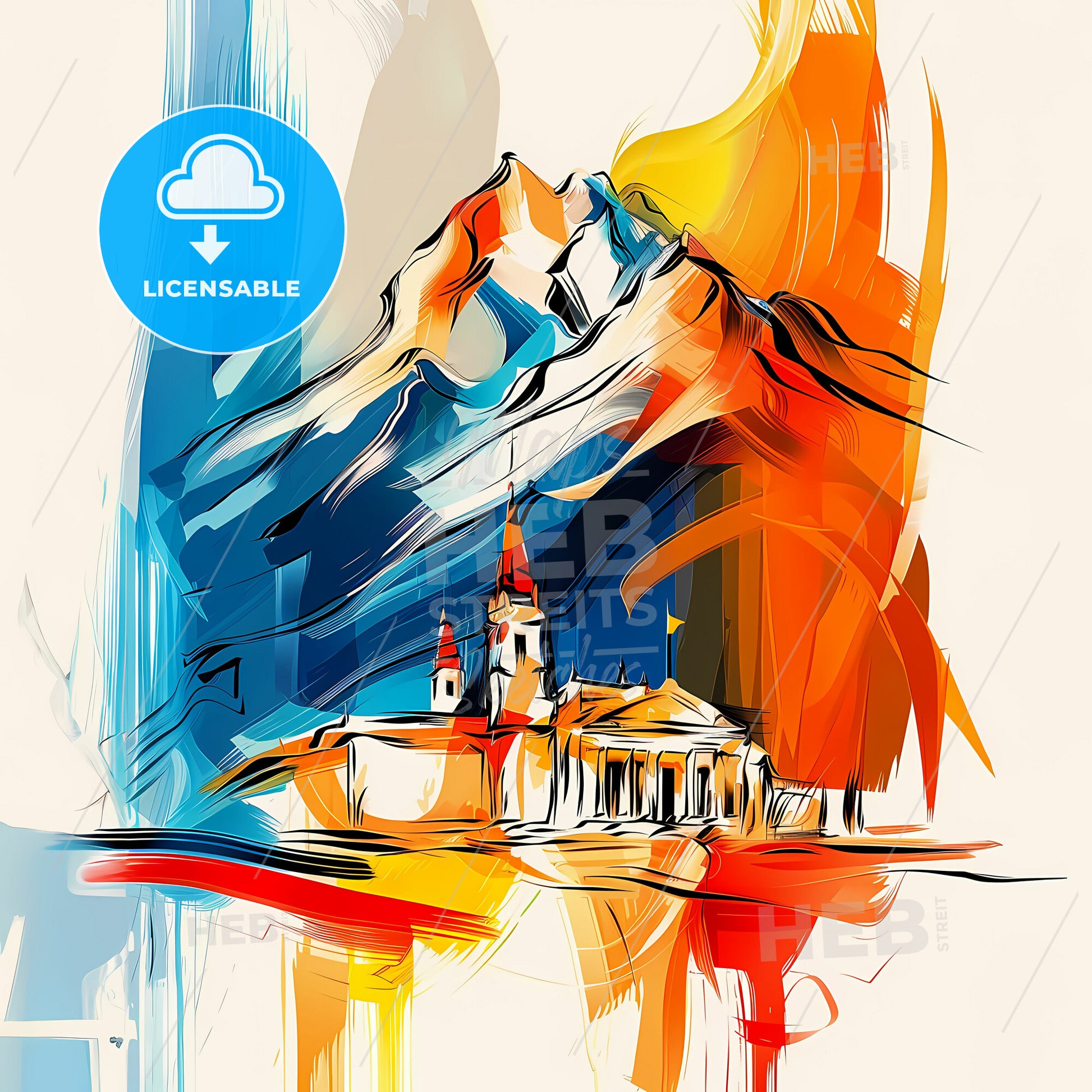 Vibrant Mendoza, Argentina - A Painting Of A Building With A Mountain In The Background