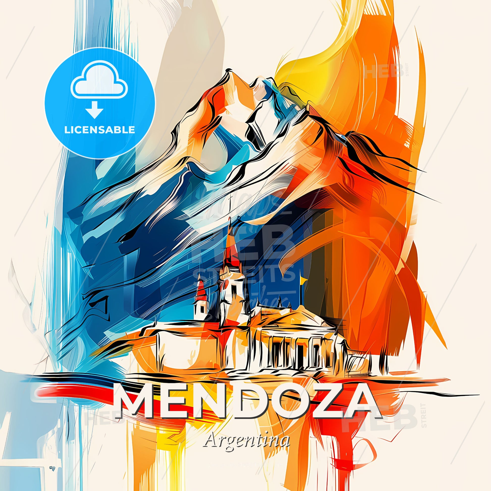 Vibrant Mendoza, Argentina - A Painting Of A Building With A Mountain In The Background - Square format print template