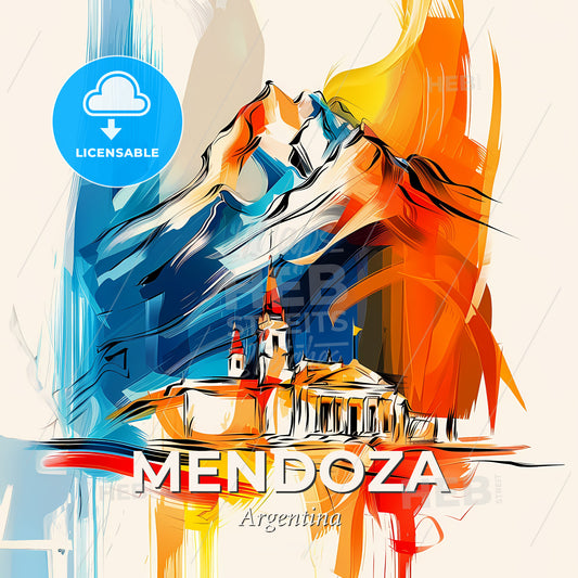Vibrant Mendoza, Argentina - A Painting Of A Building With A Mountain In The Background - Square format print template