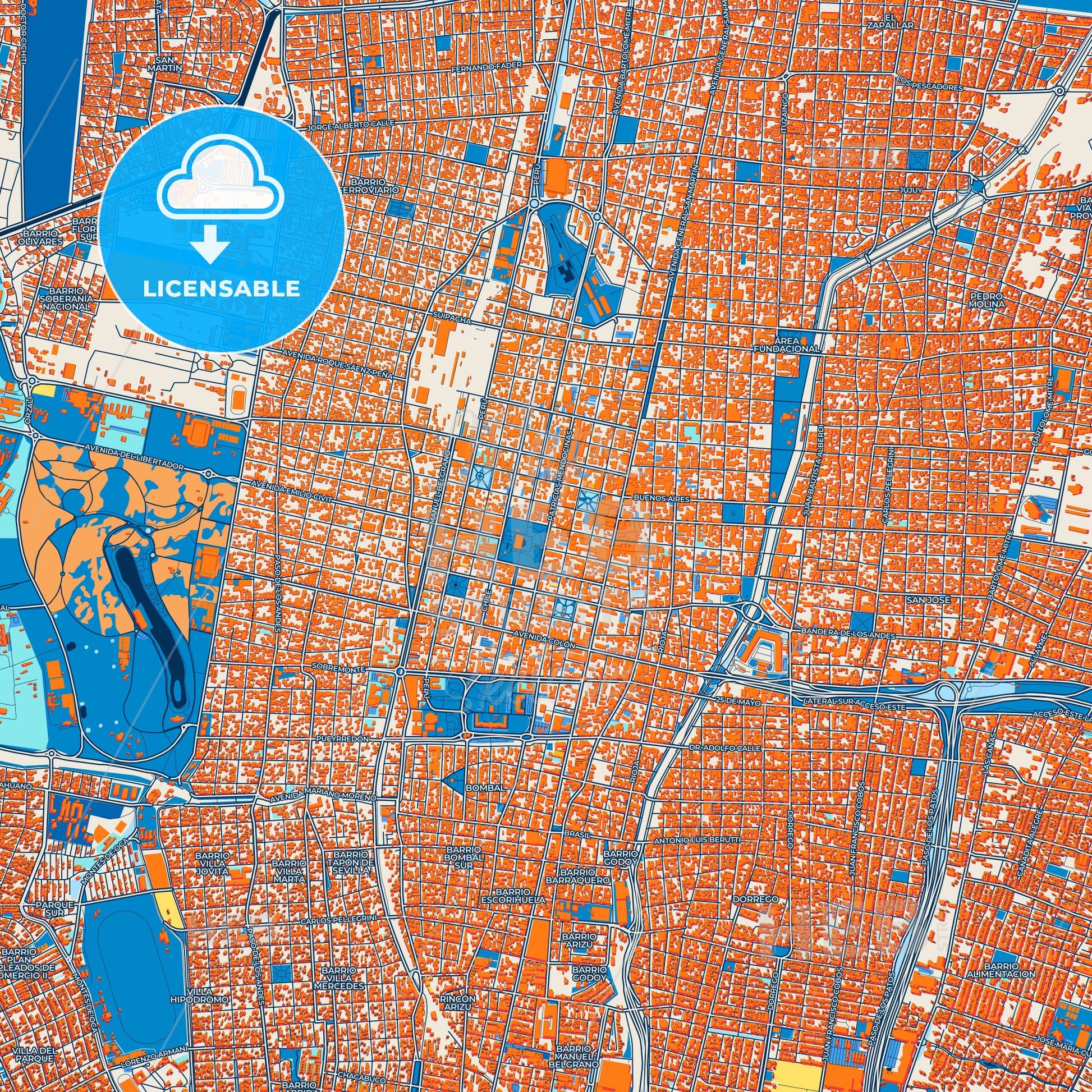 Colorful Mendoza Street Map with Labels and Buildings