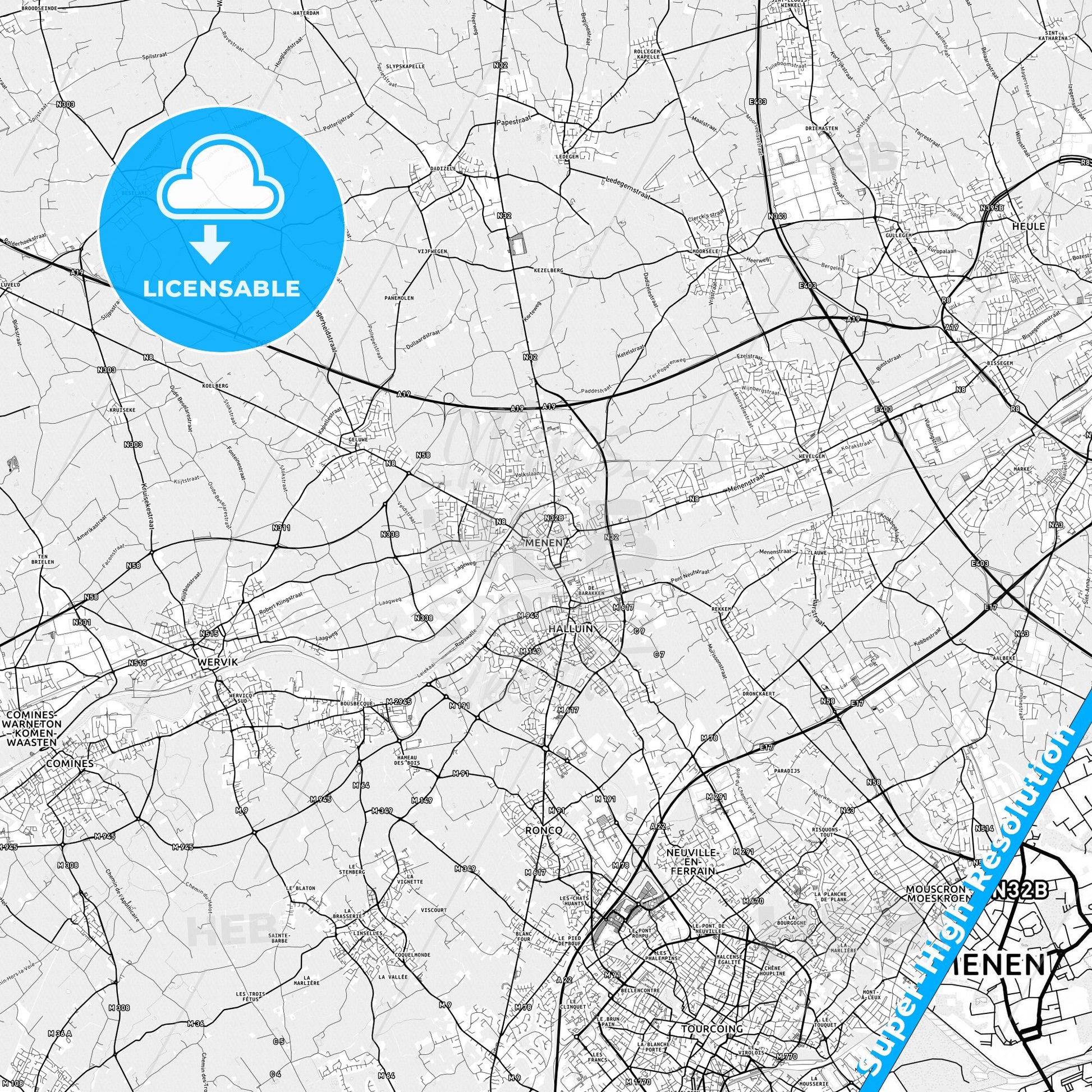 Menen, Belgium light map with streetnames, citynames and districts