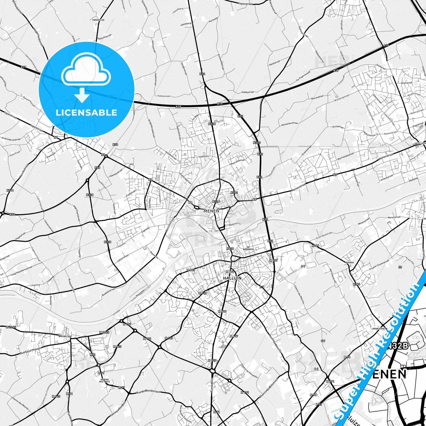 Menen, Belgium Light Map with Street Names, City Names, and Districts