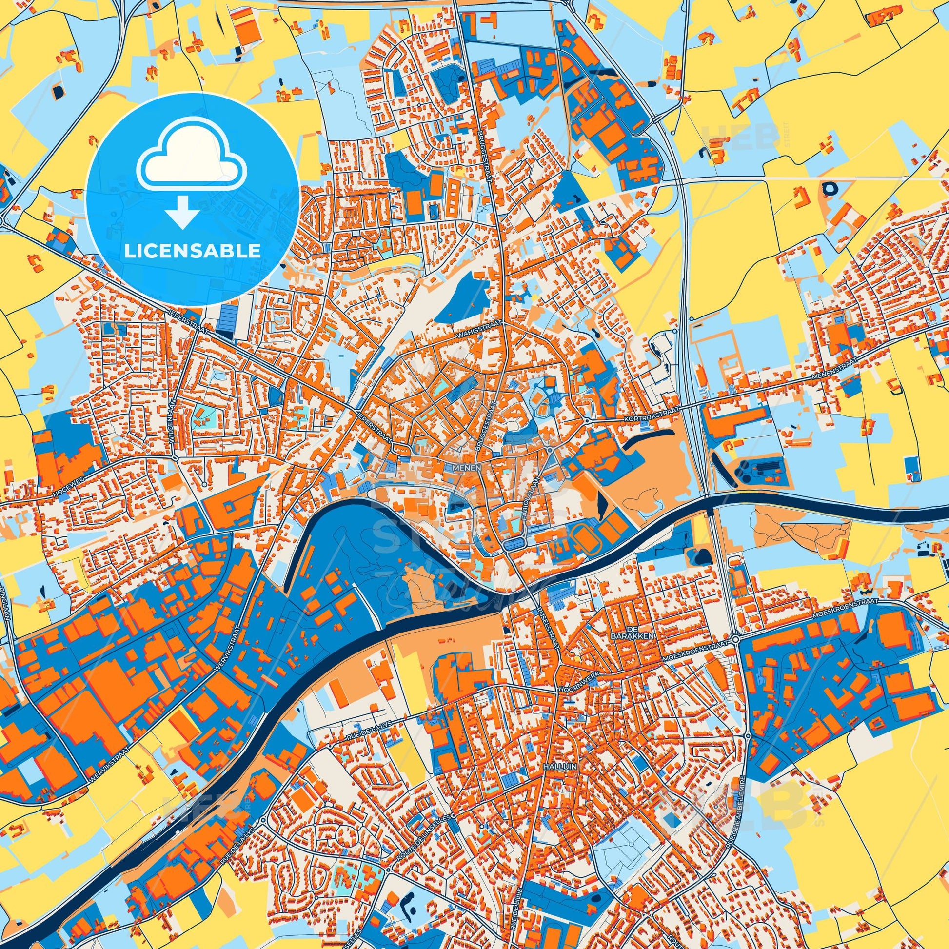 Colorful Menen Street Map with Labels and Buildings