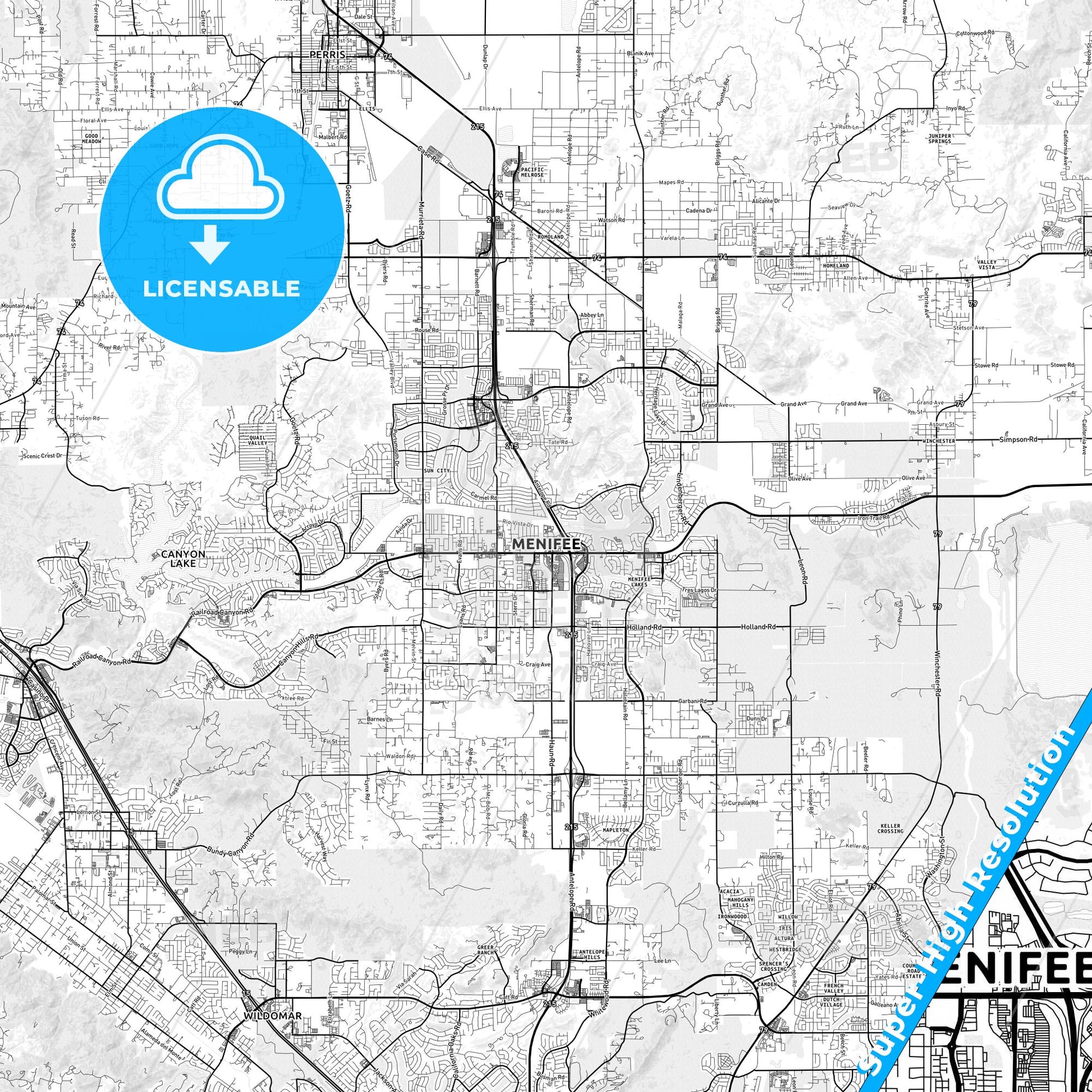 Menifee, California light map with streetnames, citynames and districts
