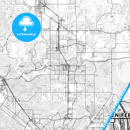 Menifee, California light map with streetnames, citynames and districts