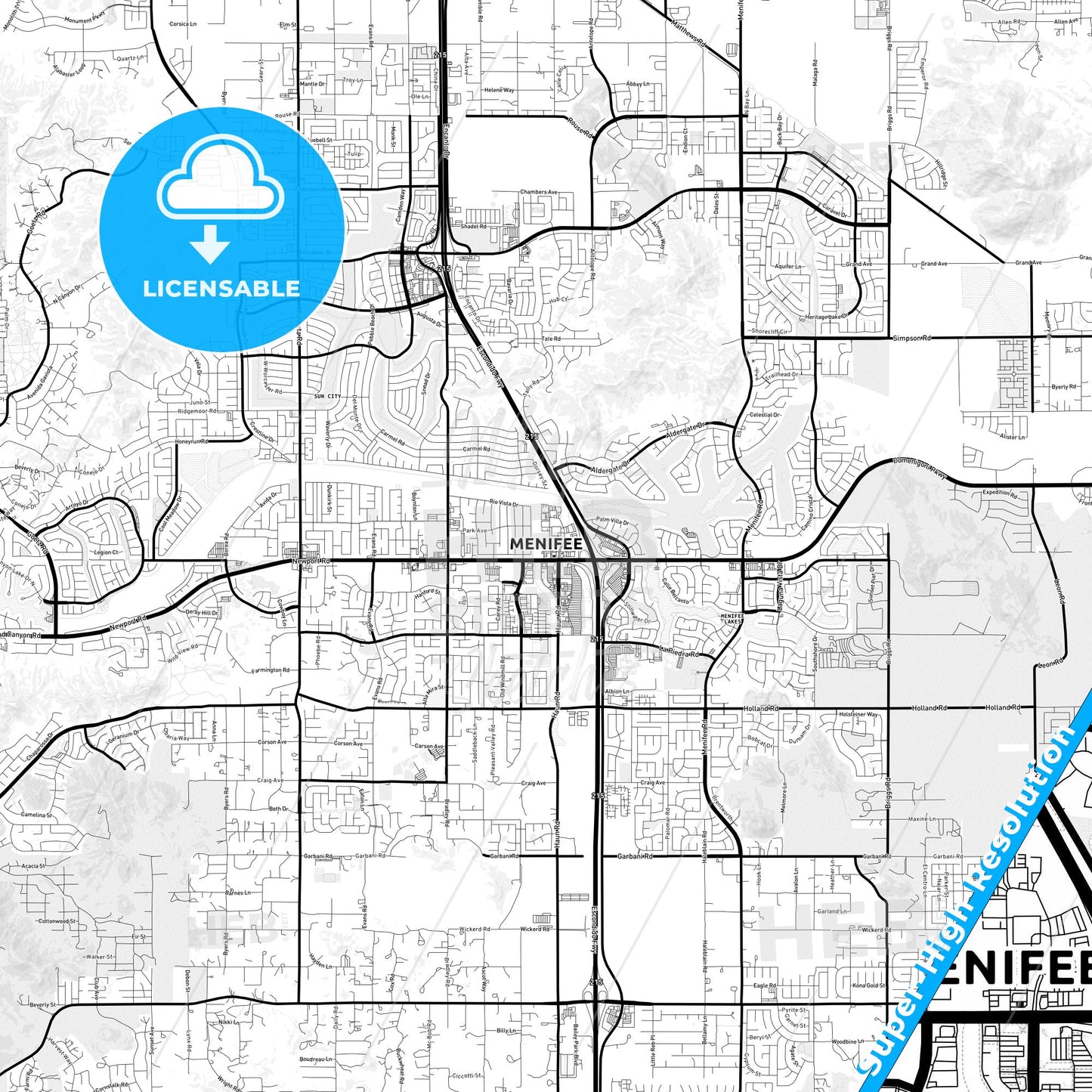 Menifee, California Light Map with Street Names, City Names, and Districts