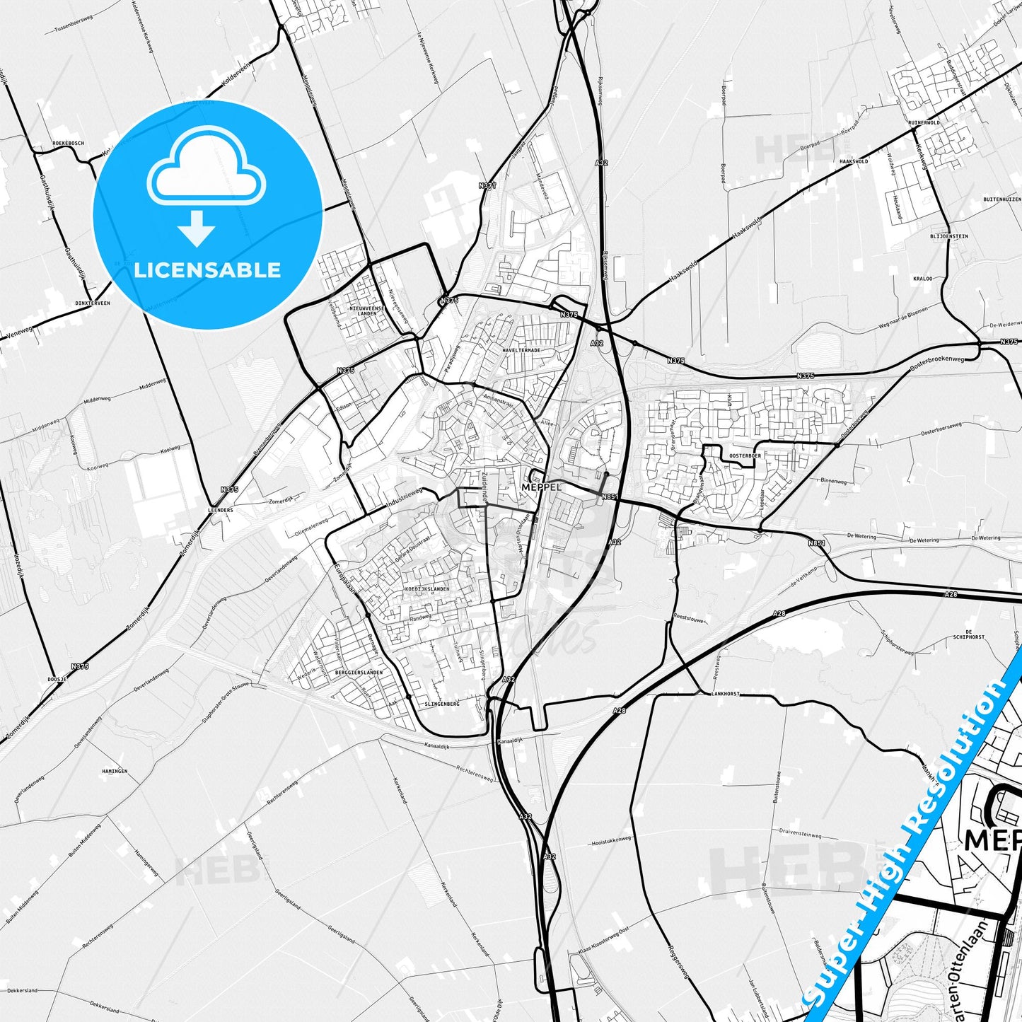 Meppel, Netherlands Light Map with Street Names, City Names, and Districts