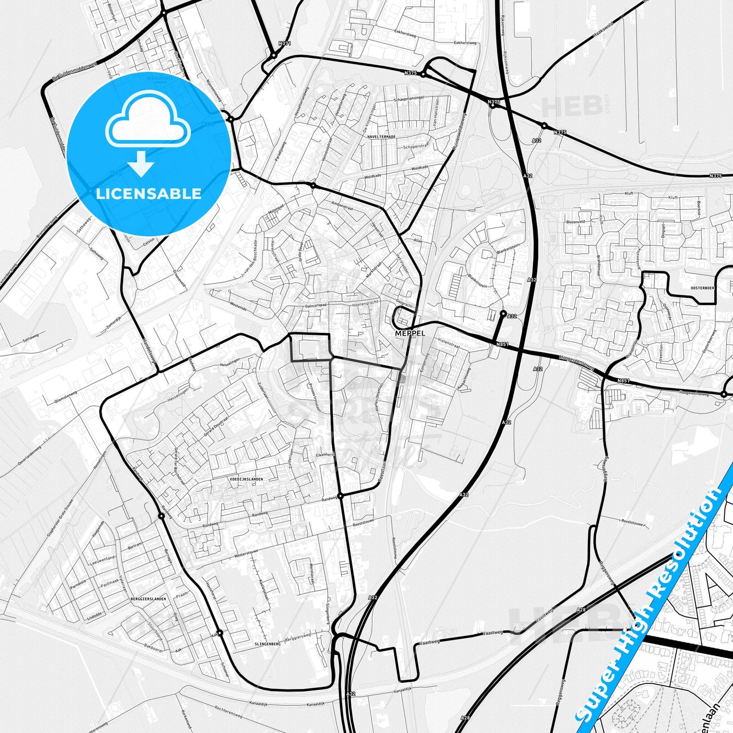 Meppel, Netherlands Light Map with Street Names, City Names, and Districts