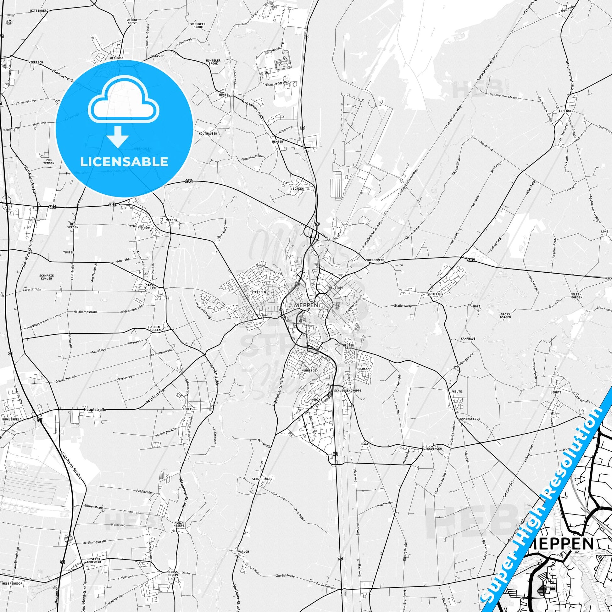 Meppen, Germany light map with streetnames, citynames and districts