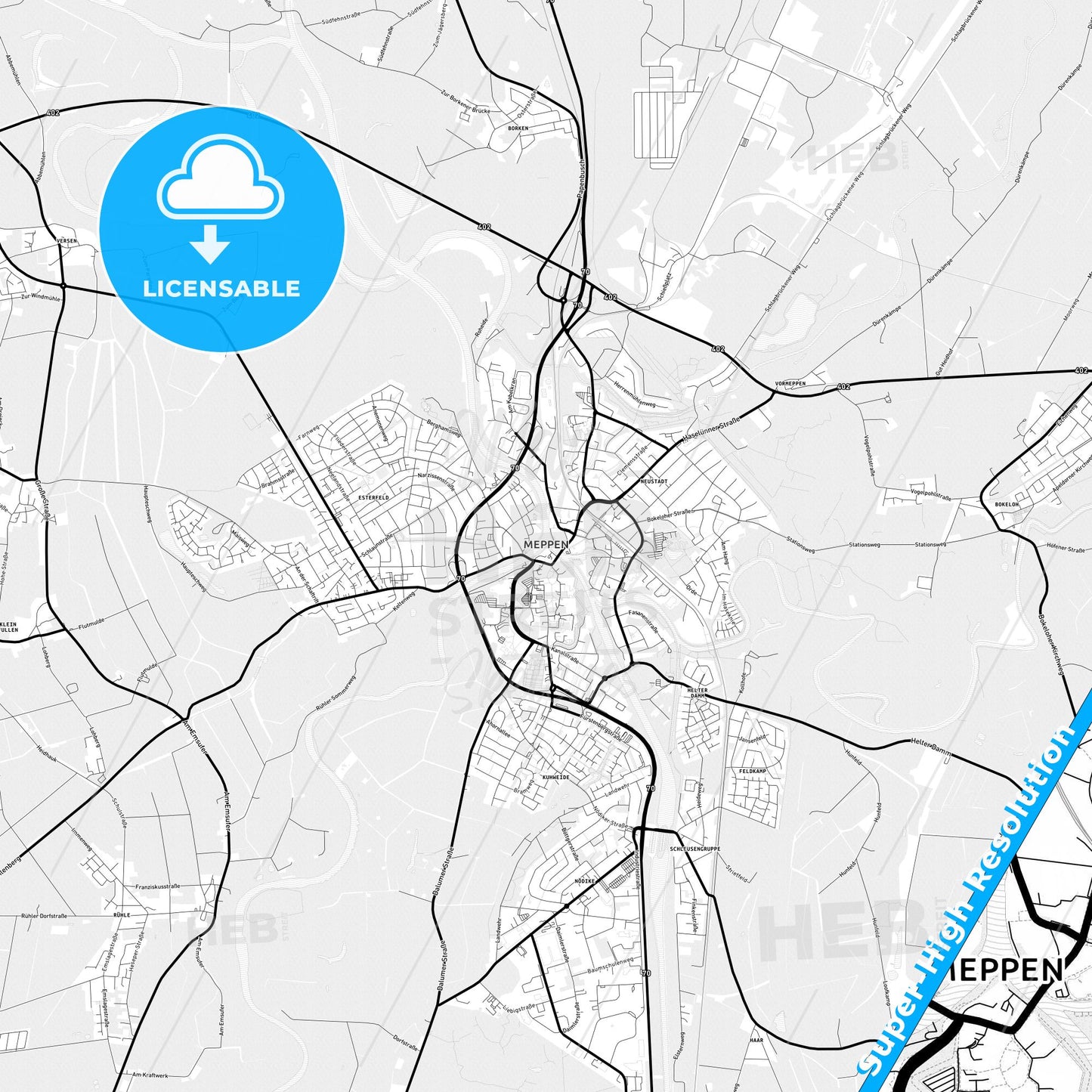 Meppen, Germany Light Map with Street Names, City Names, and Districts