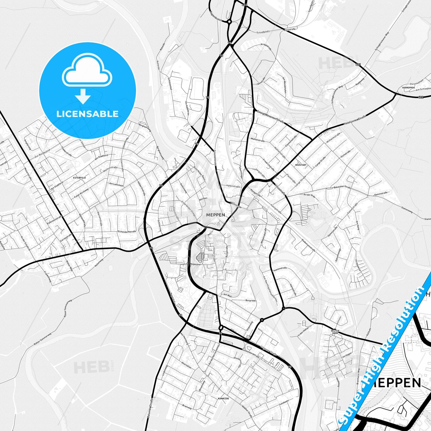 Meppen, Germany Light Map with Street Names, City Names, and Districts