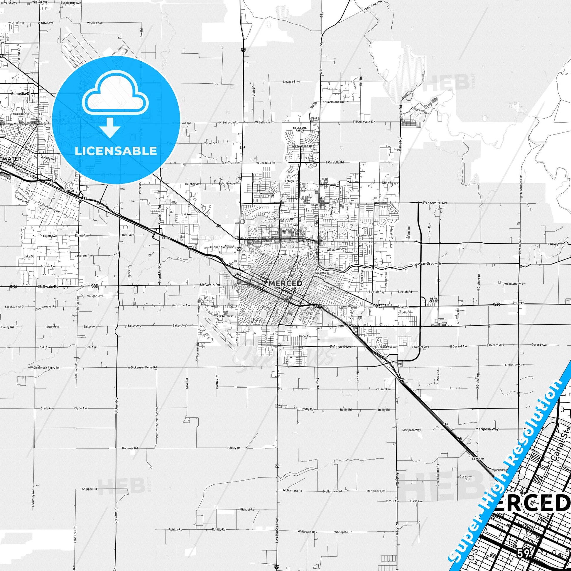 Merced, California light map with streetnames, citynames and districts
