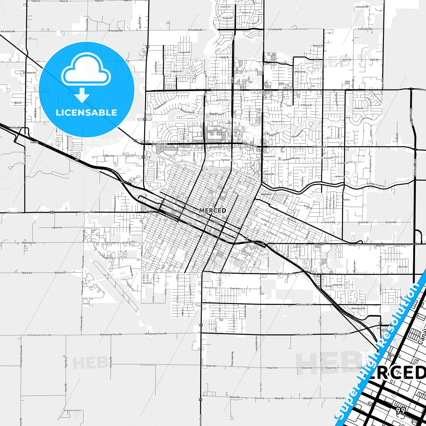 Merced, California Light Map with Street Names, City Names, and Districts