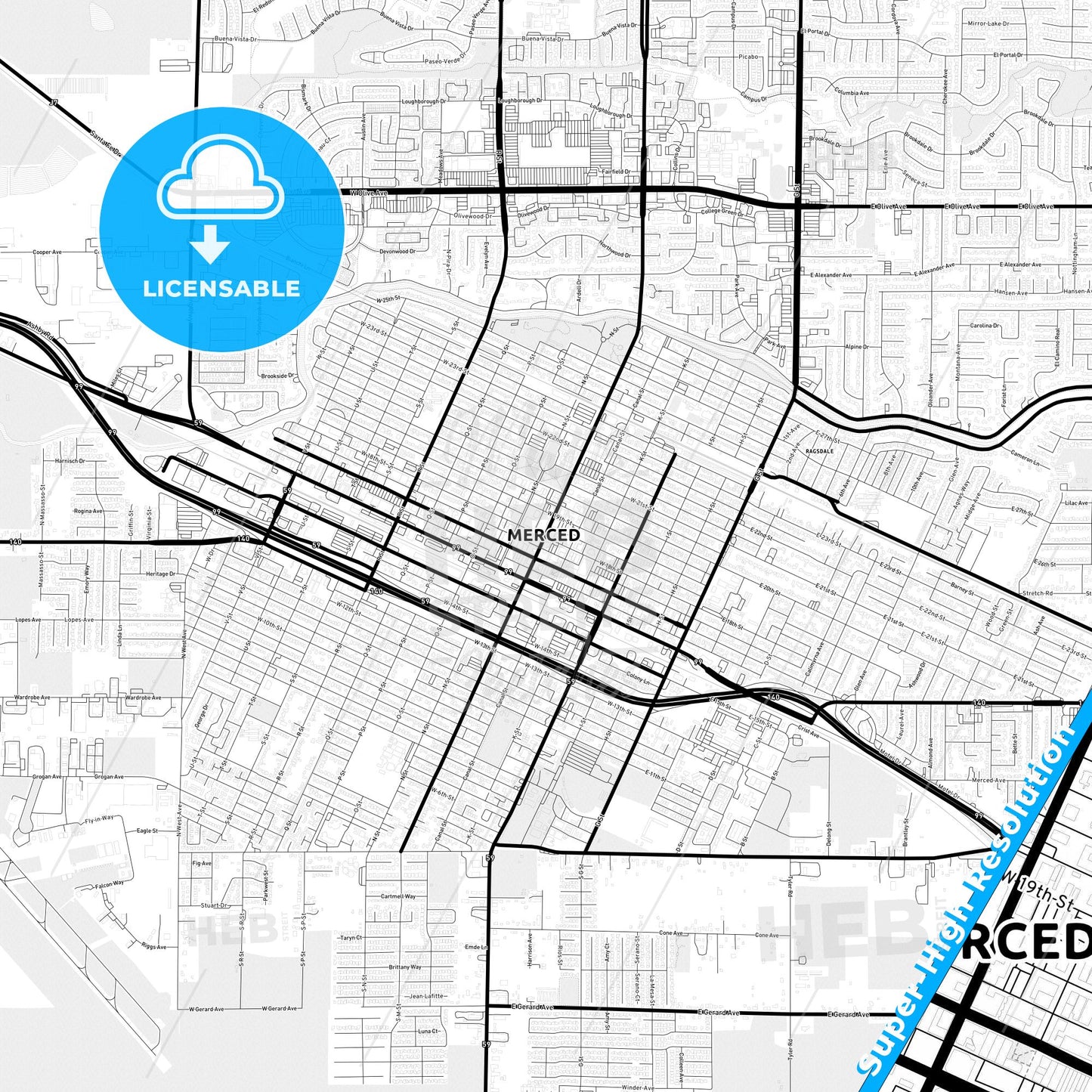 Merced, California Light Map with Street Names, City Names, and Districts