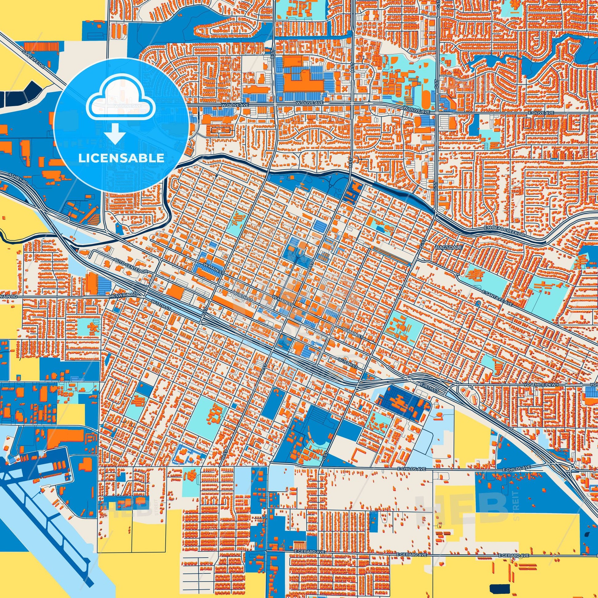 Colorful Merced Street Map with Labels and Buildings