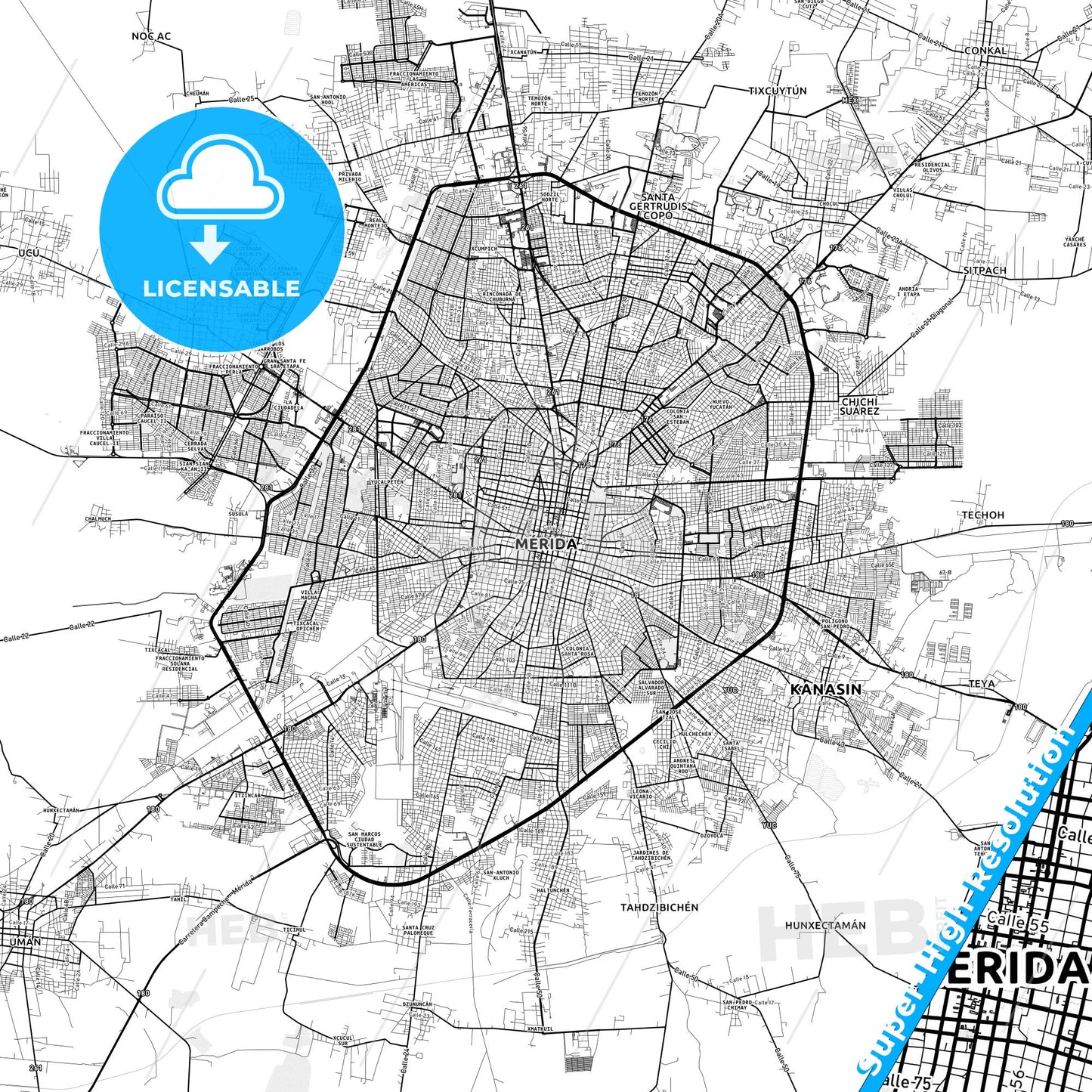 Mérida, Mexico light map with streetnames, citynames and districts
