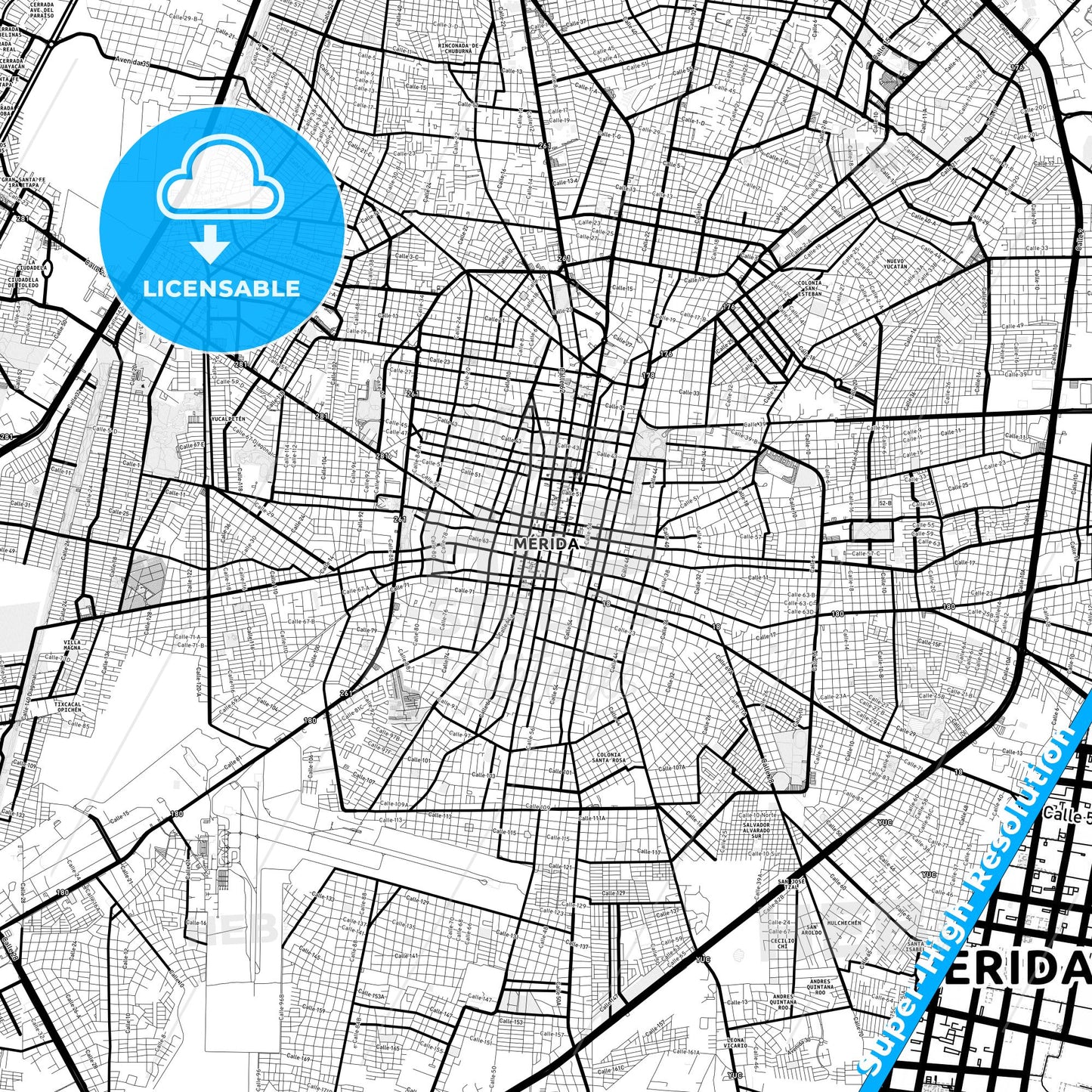 Mérida, Mexico Light Map with Street Names, City Names, and Districts