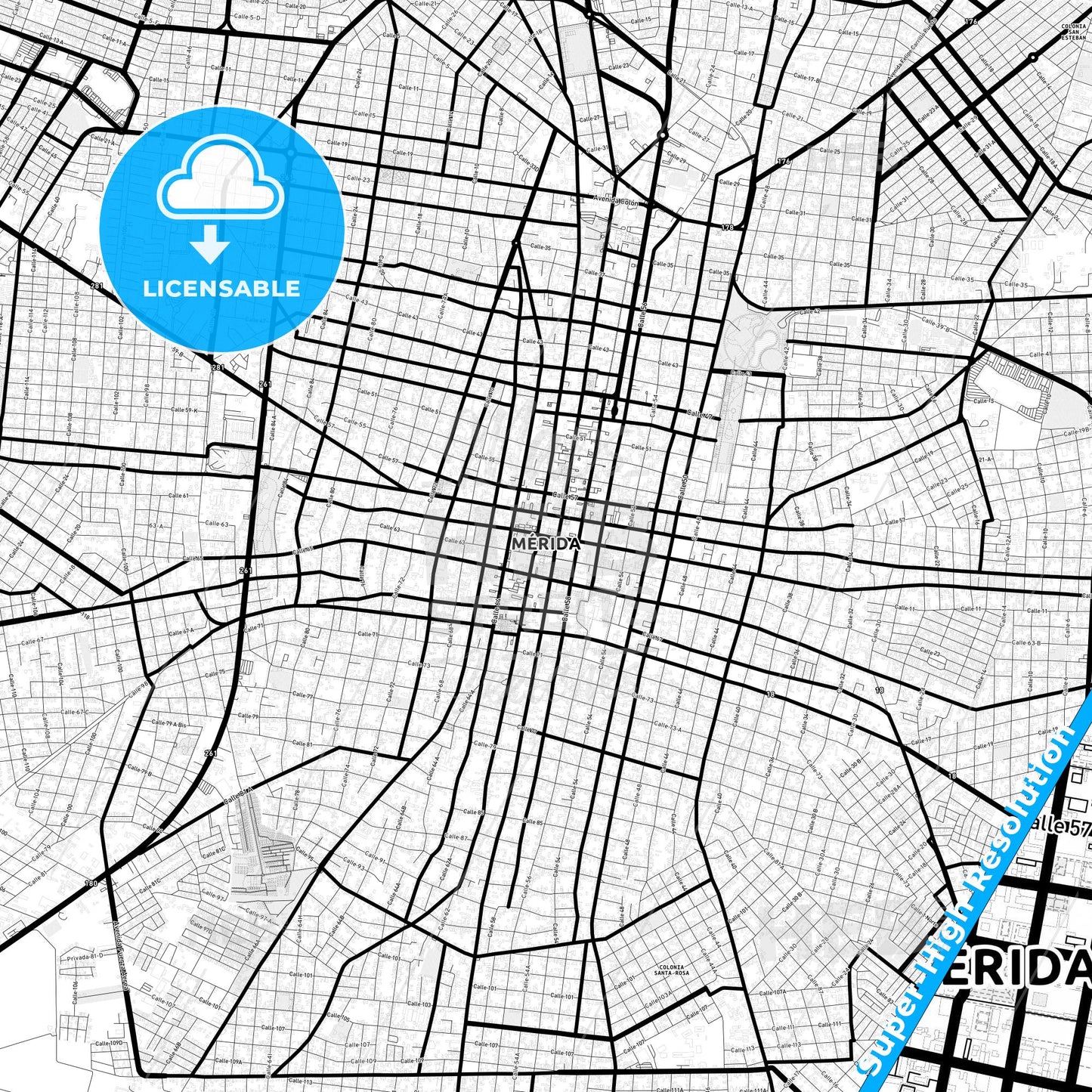 Mérida, Mexico Light Map with Street Names, City Names, and Districts