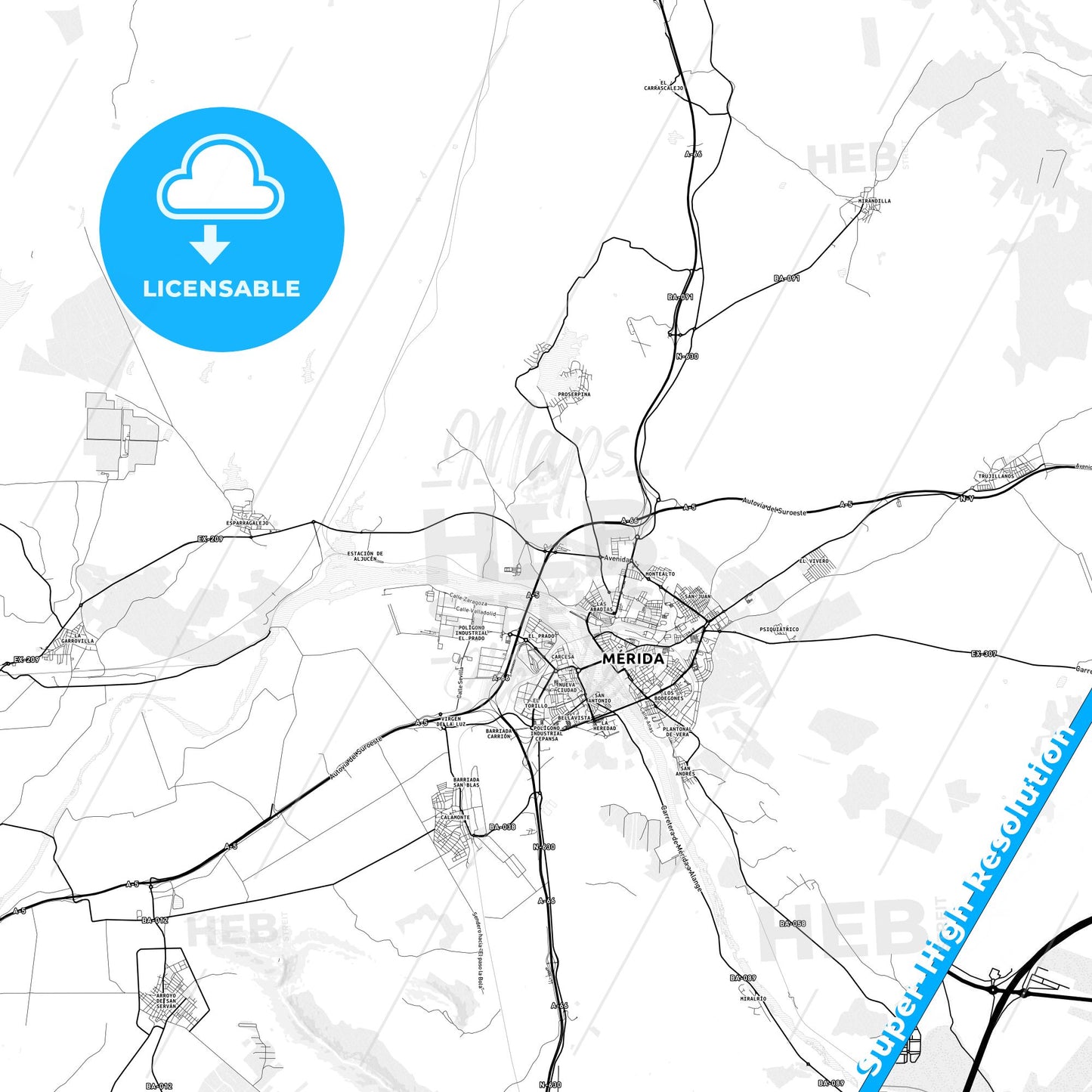 Mérida, Spain light map with streetnames, citynames and districts