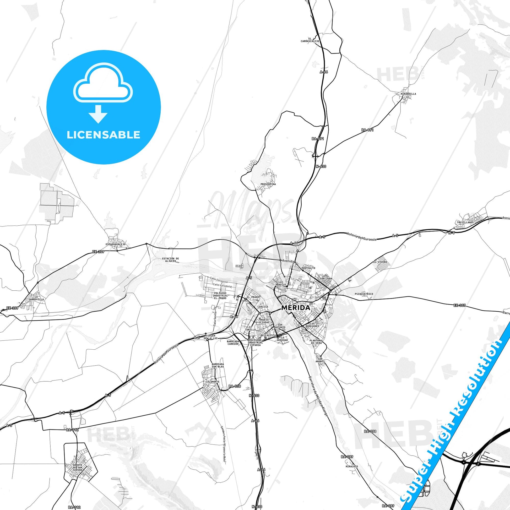 Mérida, Spain light map with streetnames, citynames and districts