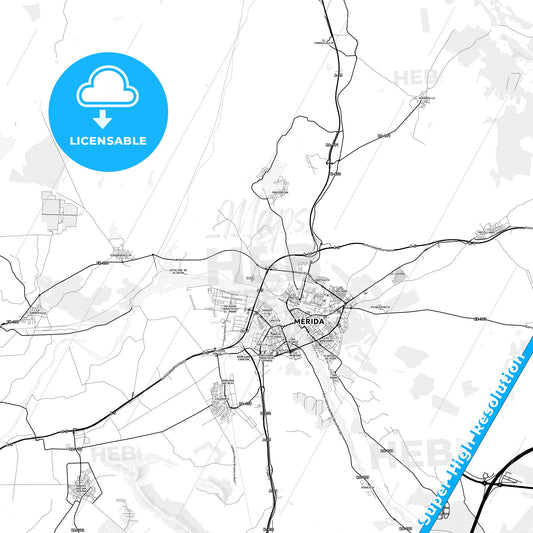 Mérida, Spain light map with streetnames, citynames and districts