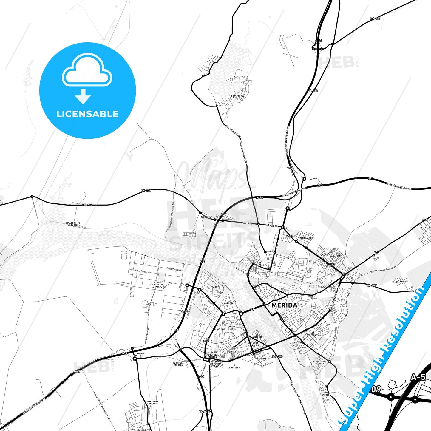 Mérida, Spain Light Map with Street Names, City Names, and Districts