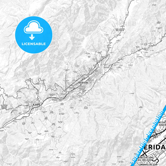 Merida, Venezuela light map with streetnames, citynames and districts