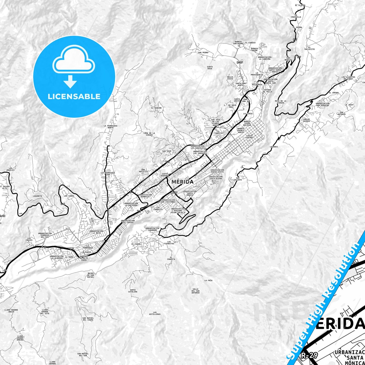 Merida, Venezuela Light Map with Street Names, City Names, and Districts