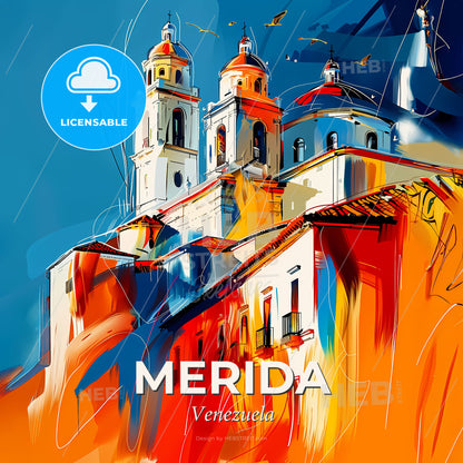 Vibrant Merida, Venezuela - A Painting Of A Building With Towers - Square format print template