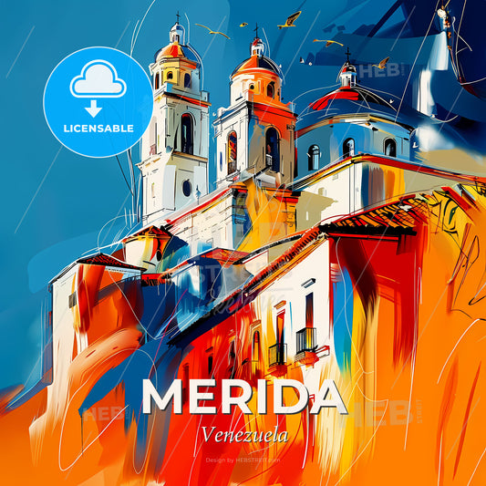 Vibrant Merida, Venezuela - A Painting Of A Building With Towers - Square format print template