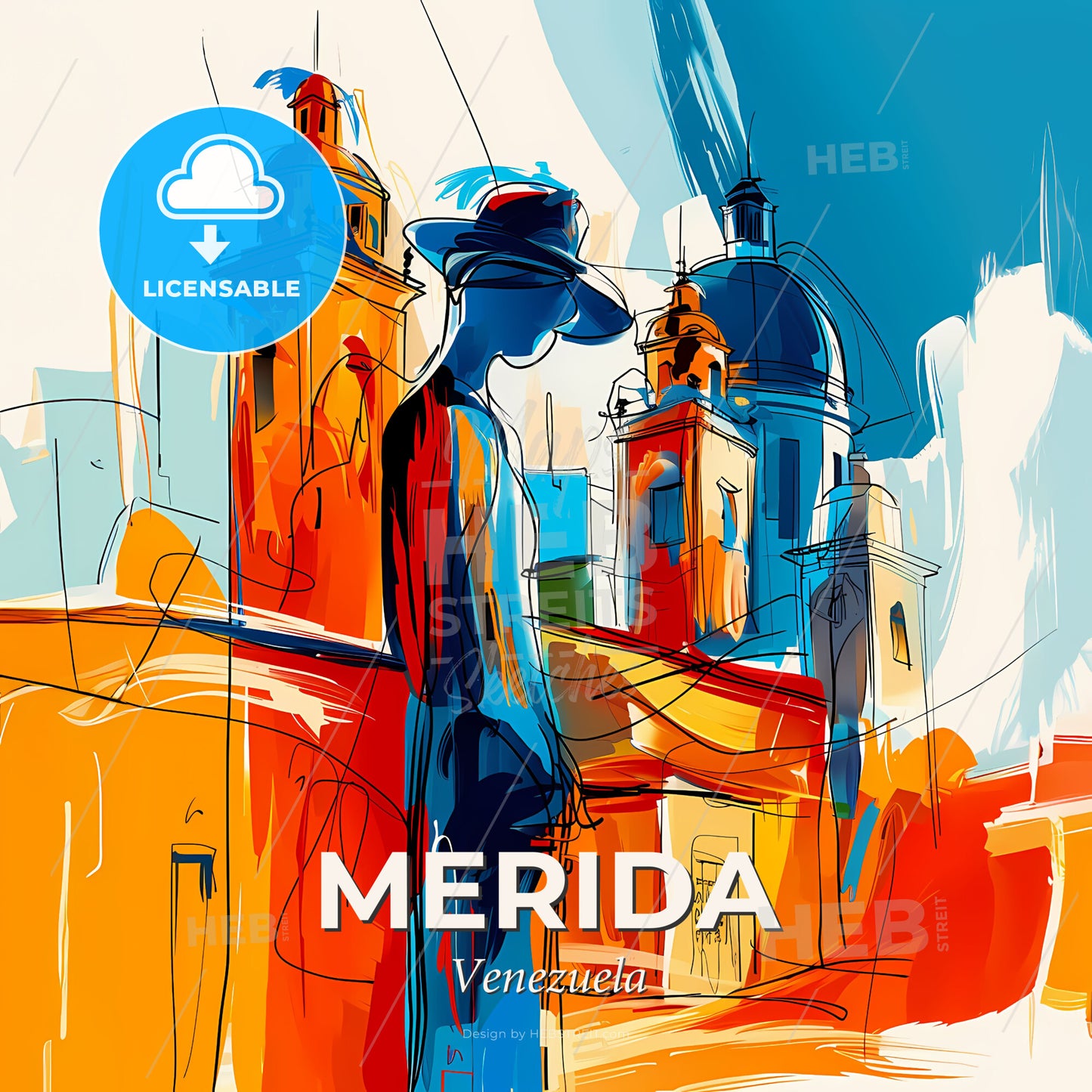 Vibrant Merida, Venezuela - A Painting Of A Woman In A Hat - Square format print template