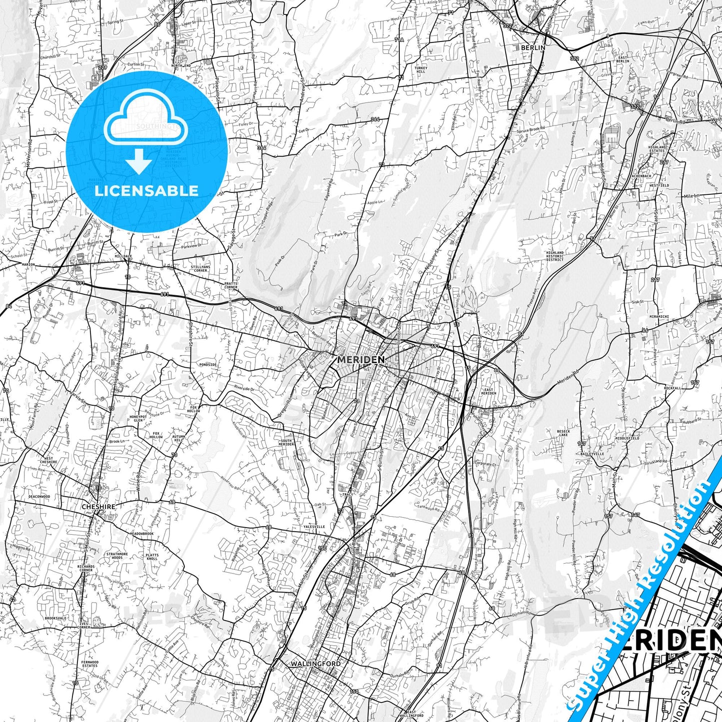 Meriden, Connecticut light map with streetnames, citynames and districts