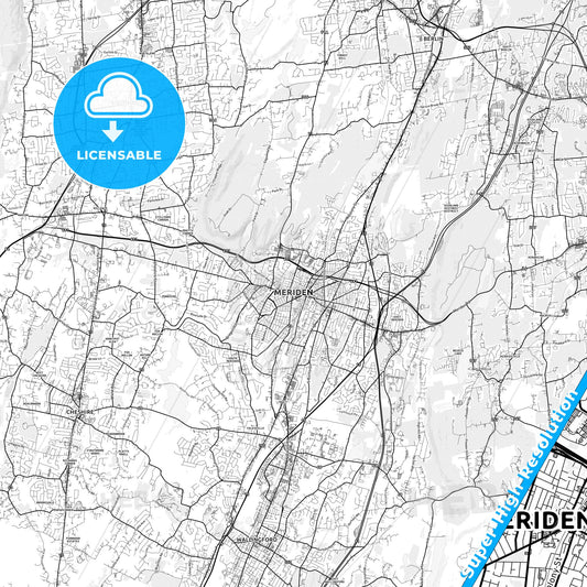 Meriden, Connecticut light map with streetnames, citynames and districts