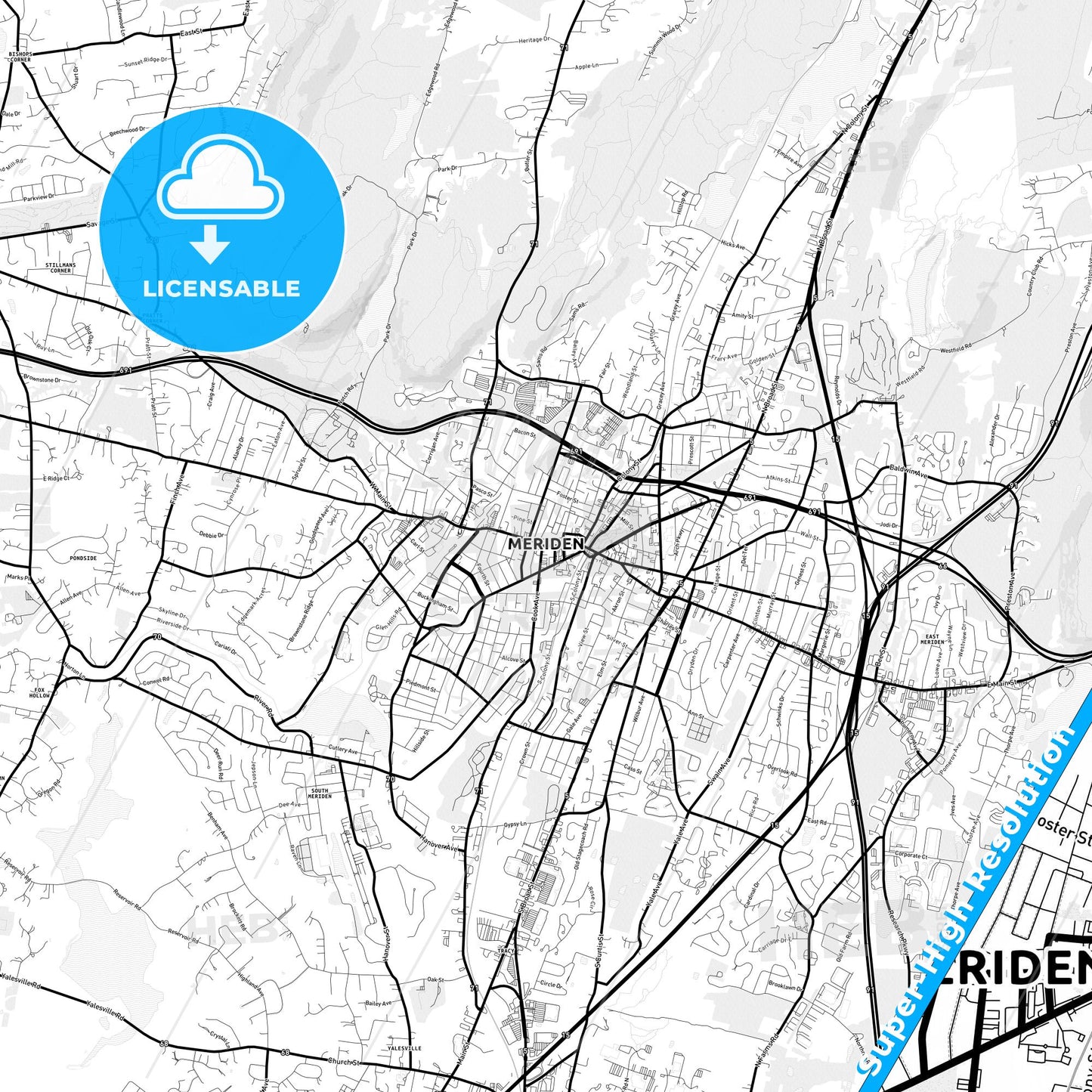 Meriden, Connecticut Light Map with Street Names, City Names, and Districts