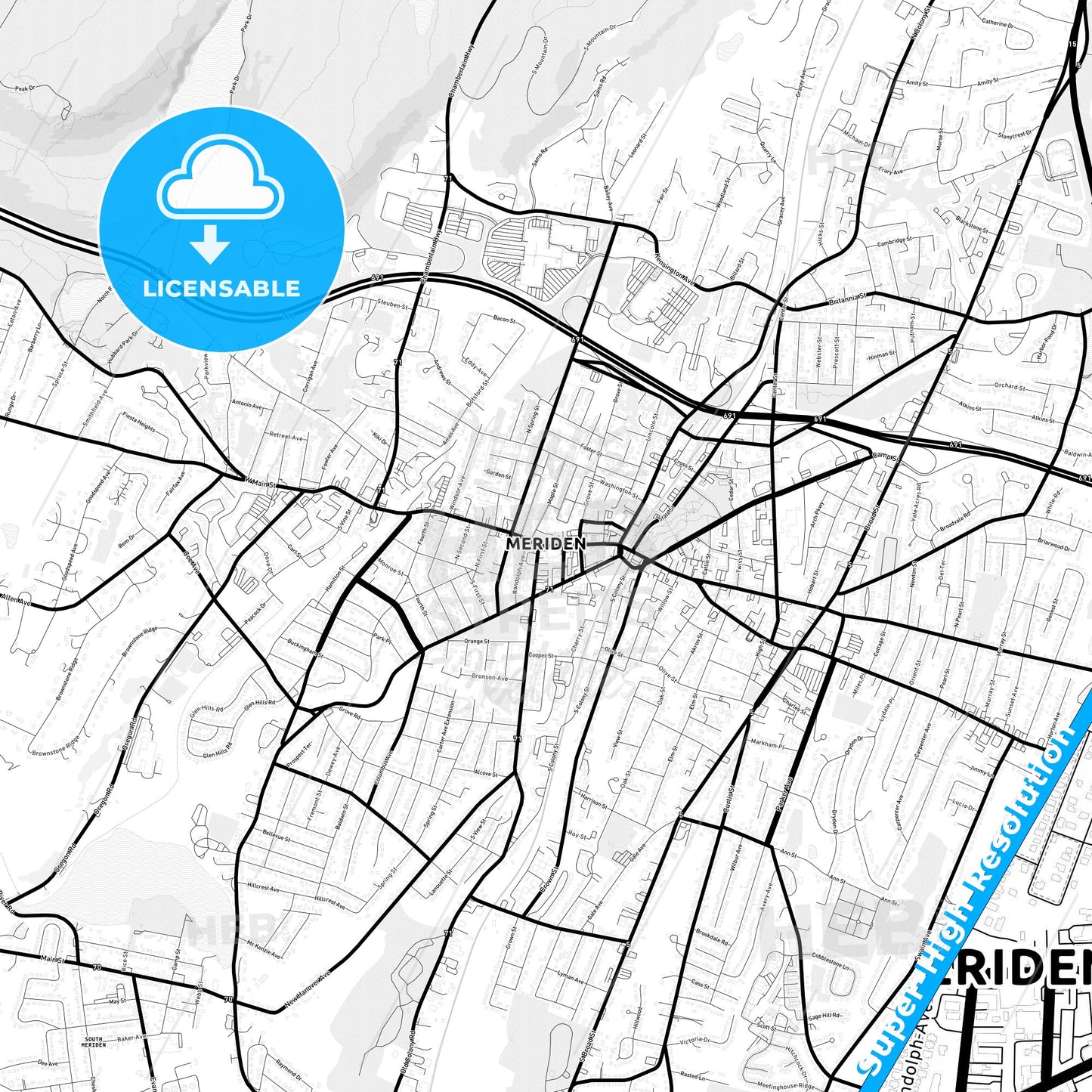 Meriden, Connecticut Light Map with Street Names, City Names, and Districts