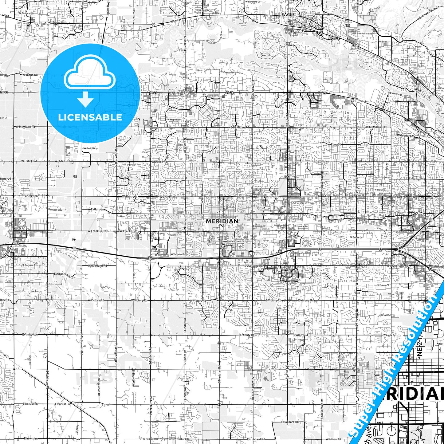 Meridian, Idaho light map with streetnames, citynames and districts