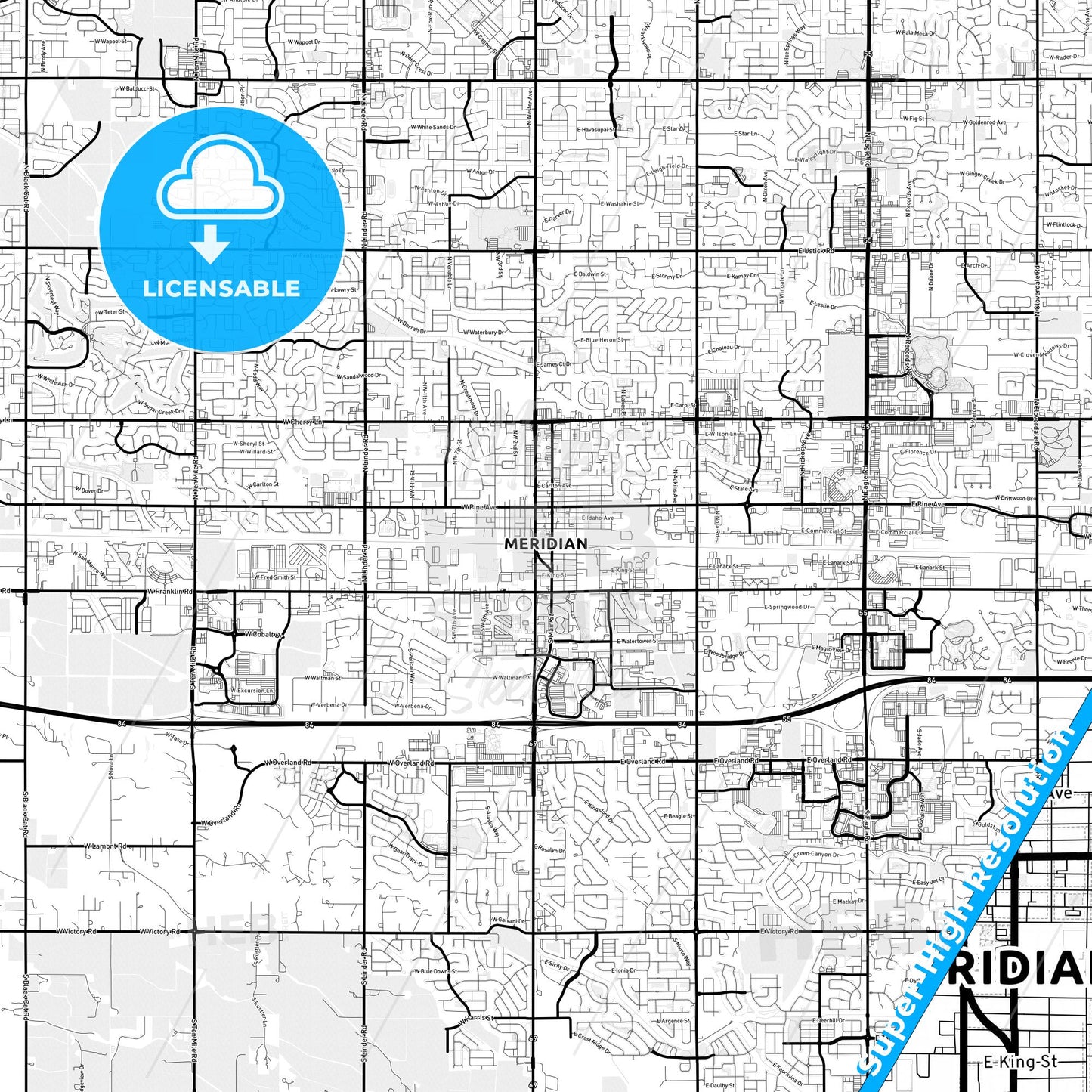 Meridian, Idaho Light Map with Street Names, City Names, and Districts