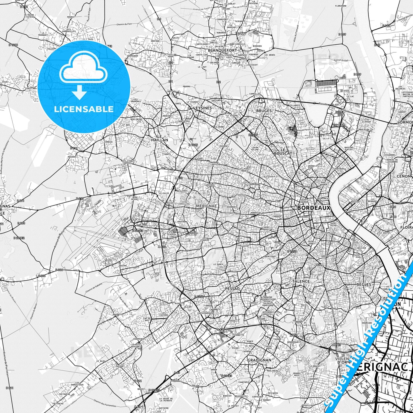 Mérignac, France light map with streetnames, citynames and districts