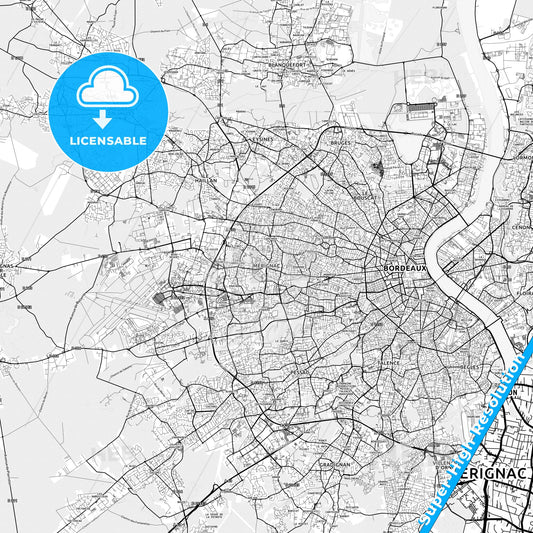 Mérignac, France light map with streetnames, citynames and districts