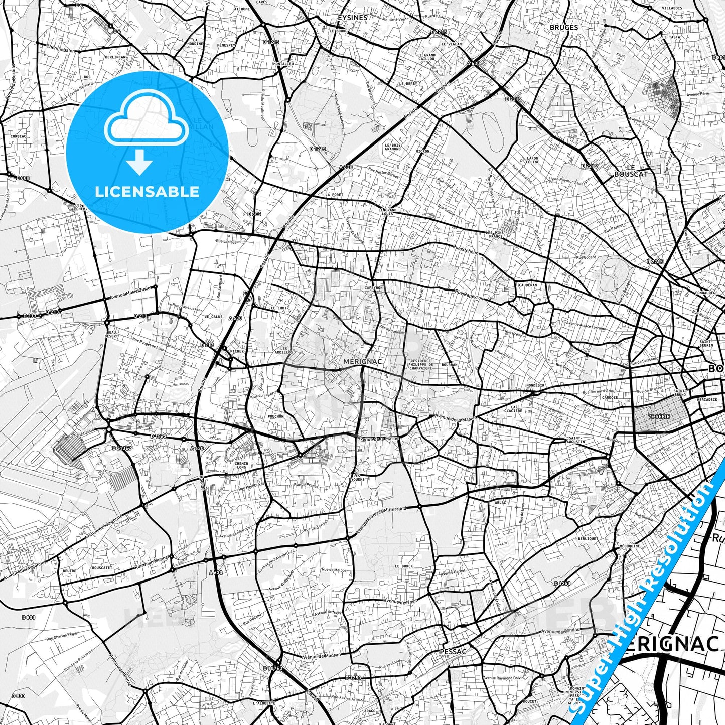 Mérignac, France Light Map with Street Names, City Names, and Districts