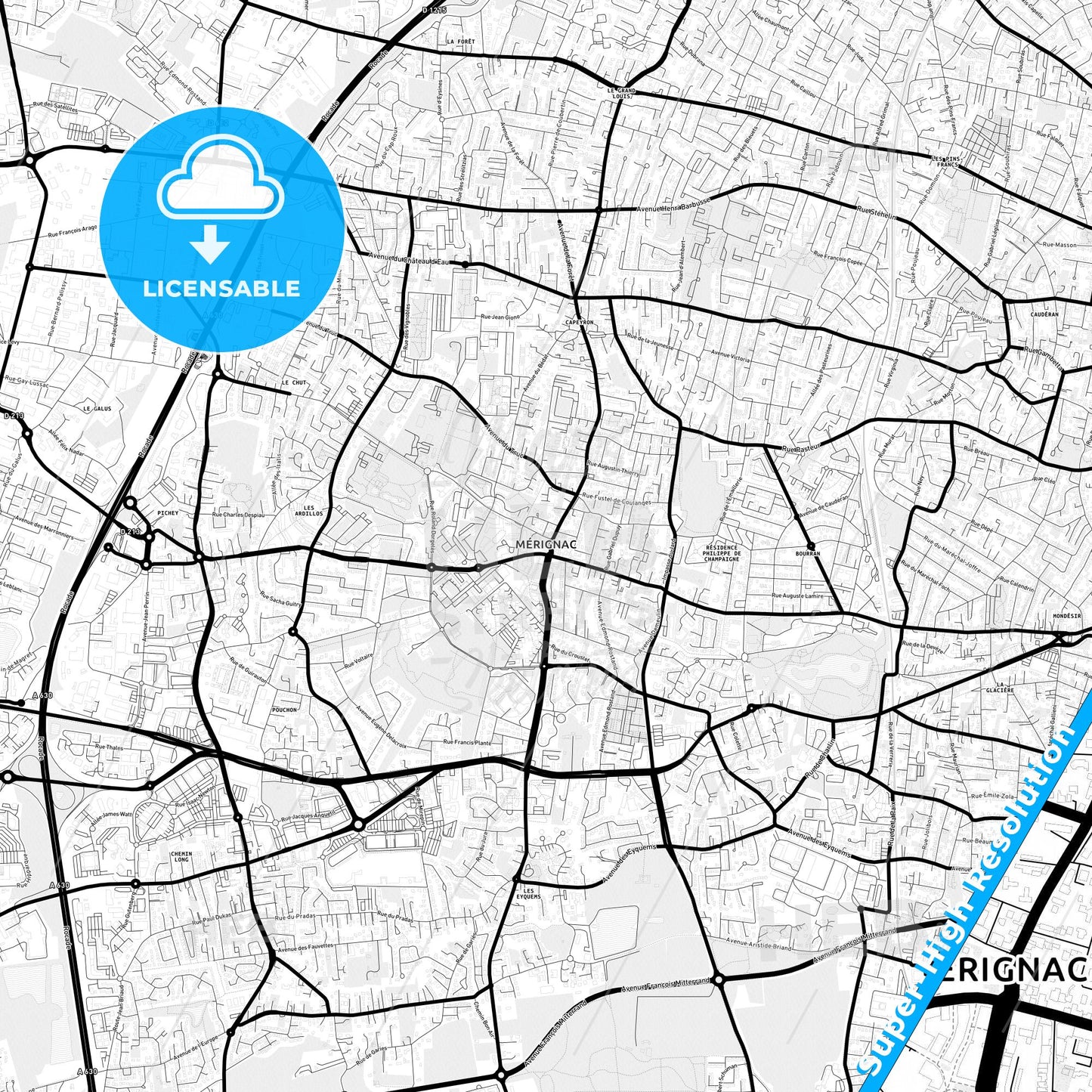 Mérignac, France Light Map with Street Names, City Names, and Districts
