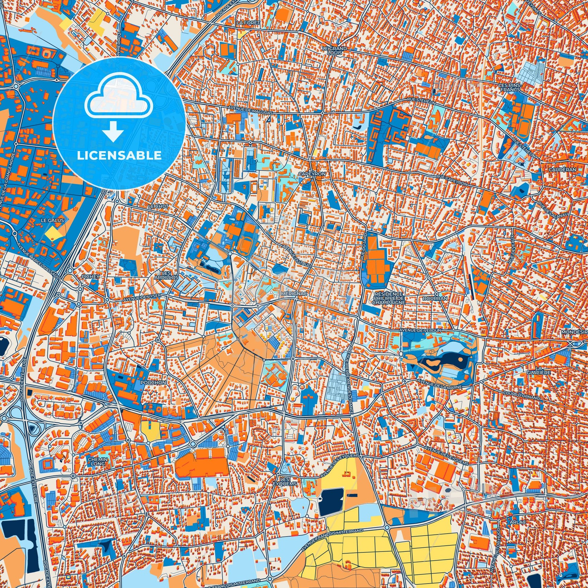 Colorful Mérignac Street Map with Labels and Buildings