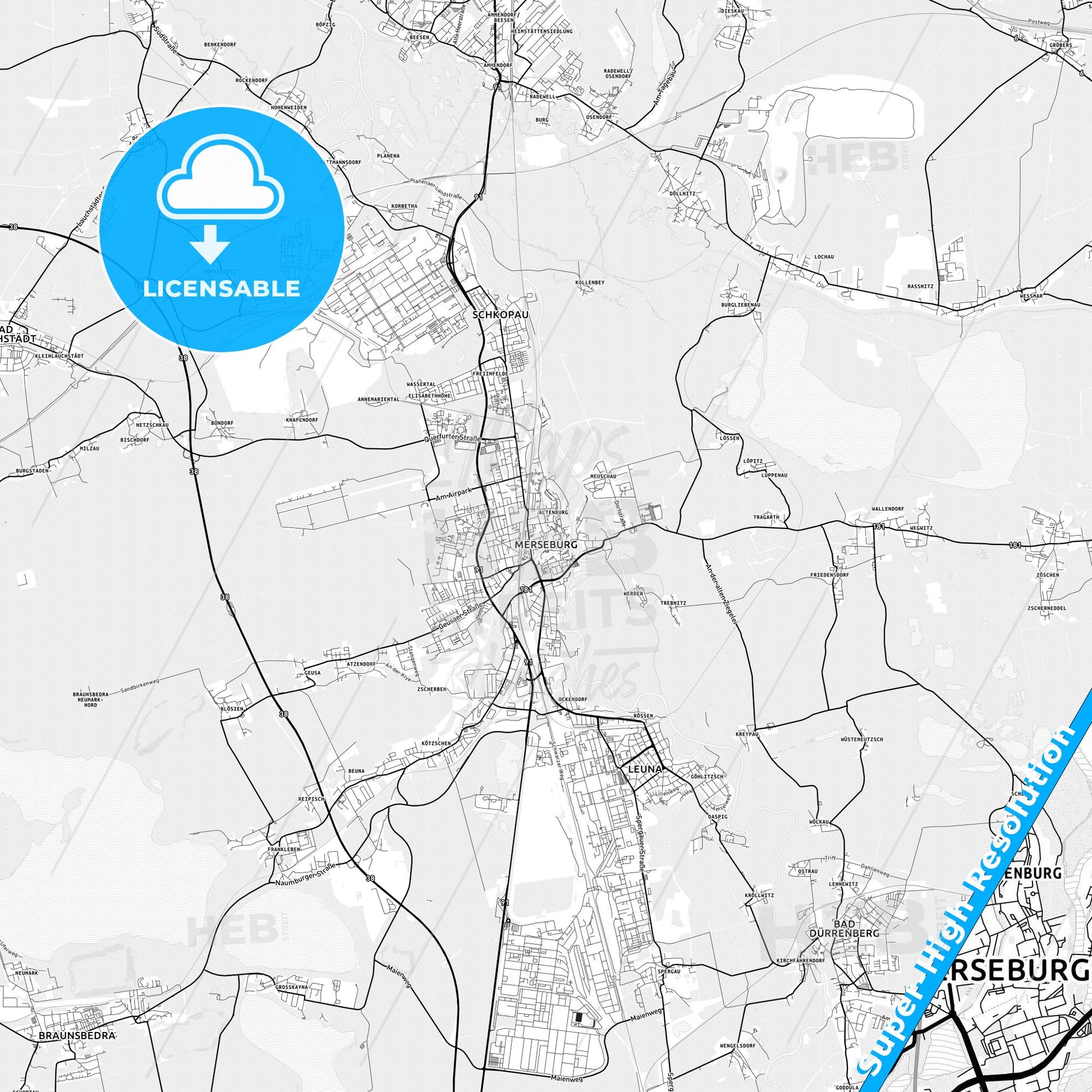 Merseburg, Germany light map with streetnames, citynames and districts