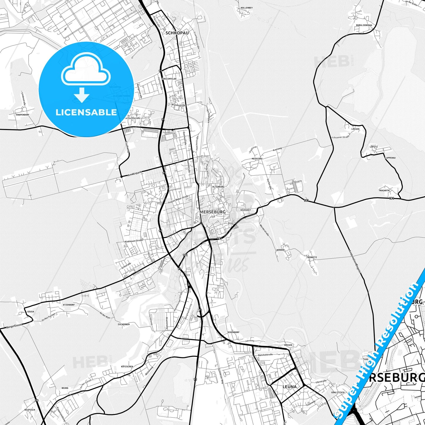 Merseburg, Germany Light Map with Street Names, City Names, and Districts
