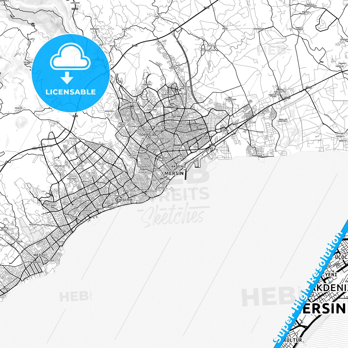 Mersin, Turkey light map with streetnames, citynames and districts