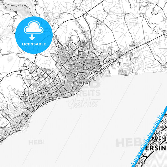 Mersin, Turkey light map with streetnames, citynames and districts
