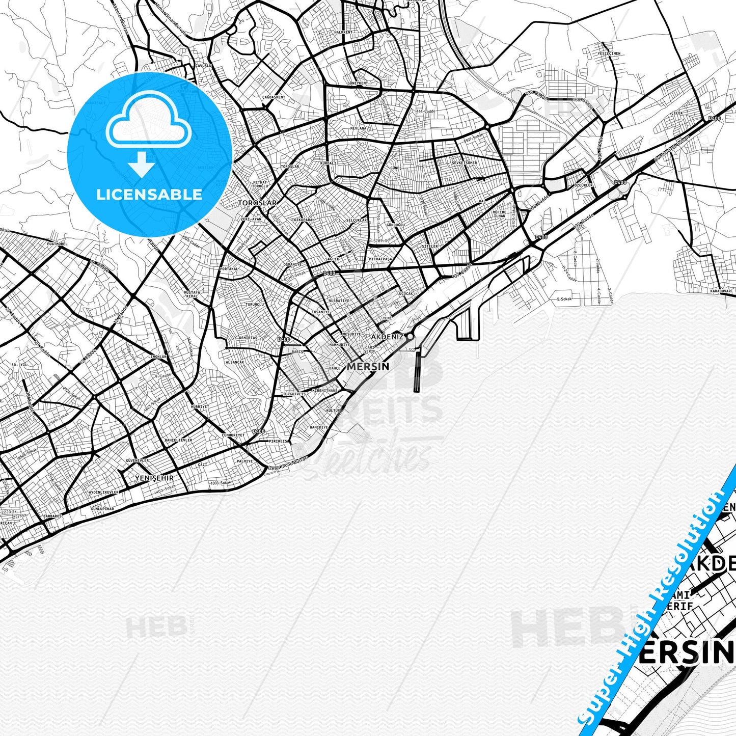 Mersin, Turkey Light Map with Street Names, City Names, and Districts