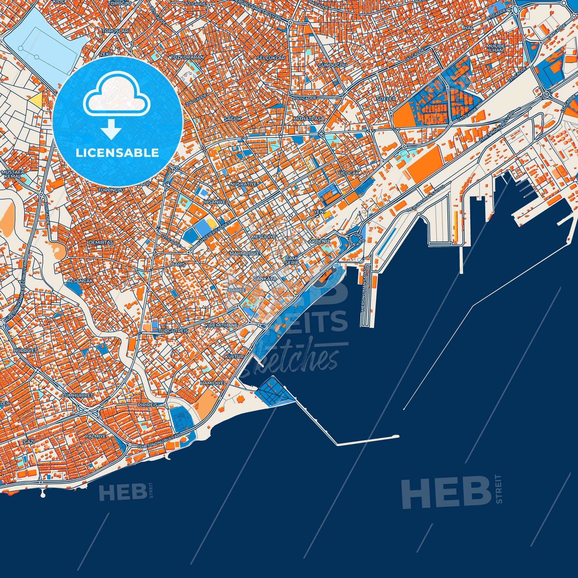 Colorful Mersin Street Map with Labels and Buildings